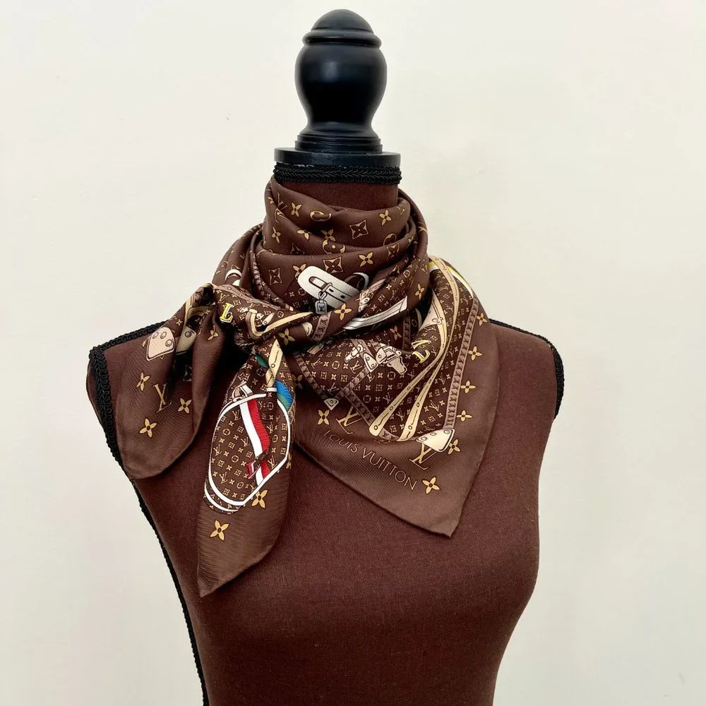 Louis Vuitton Scarf  Travel Trunks Monogram Brown Silk Wrap